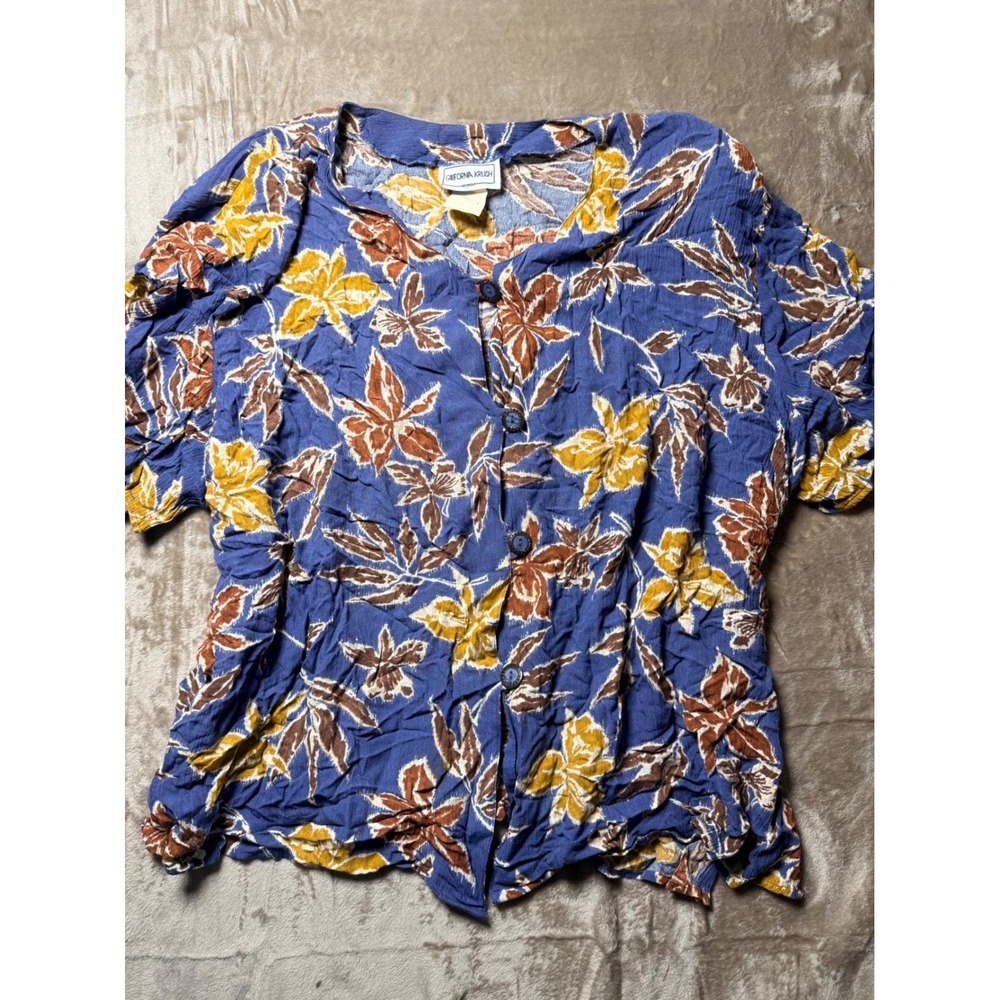 Vintage California Krush‎ Woman Blue Floral Crinkle Button Front Blouse Size 3X